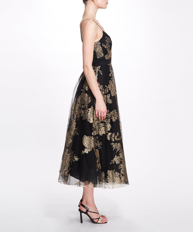 Floral Glitter Tulle Tea-Length Gown Marchesa