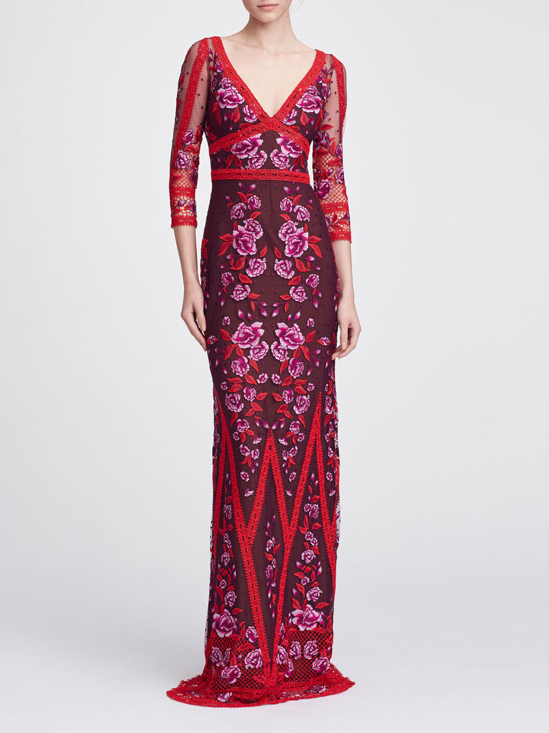 V-neck Lace Gown Marchesa