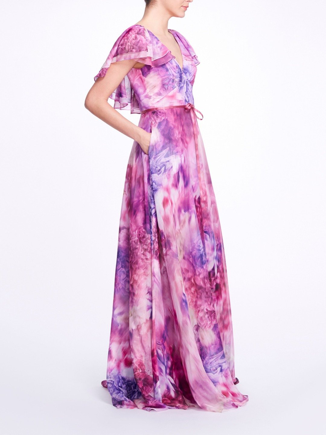 Cap Sleeve V-Neck Dress Marchesa