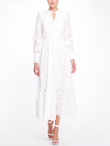 Long Sleeve 3D Floral Eyelet Day Dress Marchesa