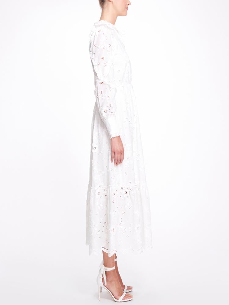 Long Sleeve 3D Floral Eyelet Day Dress Marchesa
