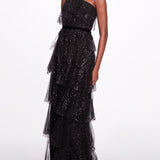 One-Shoulder Tiered Gown in Black Tulle | Marchesa