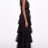 One-Shoulder Tiered Gown in Black Tulle | Marchesa