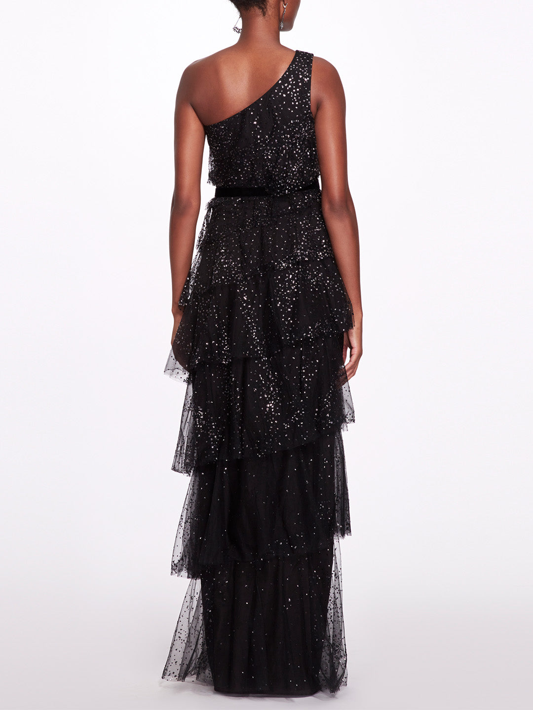 One-Shoulder Tiered Gown in Black Tulle | Marchesa