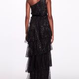 One-Shoulder Tiered Gown in Black Tulle | Marchesa