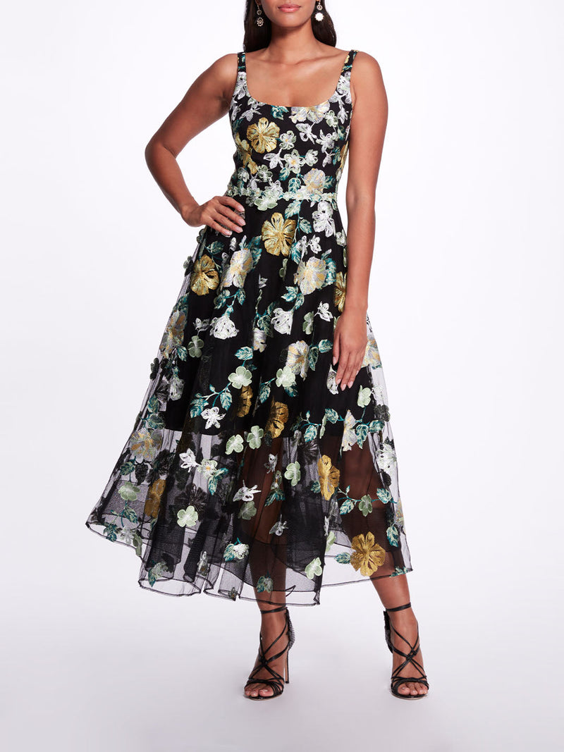 Embroidered Floral Tea Length Gown | Marchesa