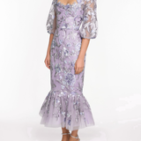 Embroidered Puff Sleeve Midi Dress