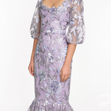 Embroidered Puff Sleeve Midi Dress