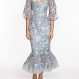 Embroidered Puff Sleeve Midi Dress