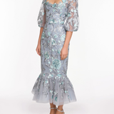 Embroidered Puff Sleeve Midi Dress