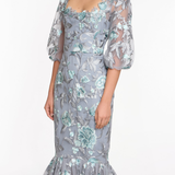 Embroidered Puff Sleeve Midi Dress