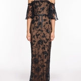 Off The Shoulder Beaded Illusion Column Gown