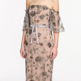 Off The Shoulder Beaded Illusion Column Gown