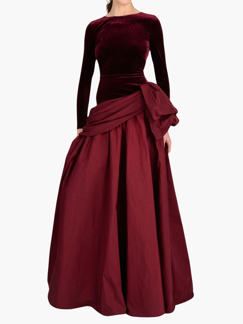 Stretch Velvet Long Sleeve Draped Bow Gown
