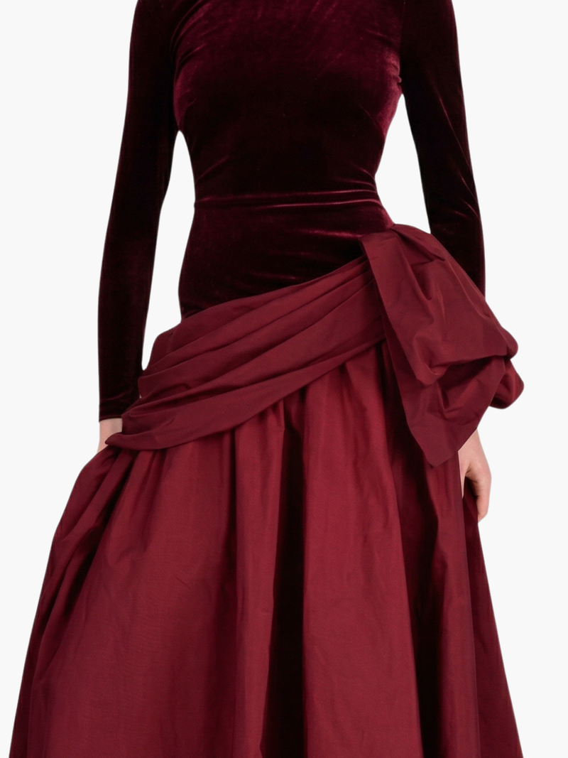 Stretch Velvet Long Sleeve Draped Bow Gown