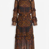 Braided Leopard Flounced Silk Chiffon Midi Dress