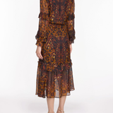 Braided Leopard Flounced Silk Chiffon Midi Dress