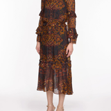 Braided Leopard Flounced Silk Chiffon Midi Dress