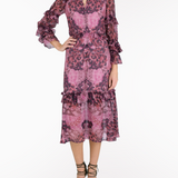 Braided Leopard Flounced Silk Chiffon Midi Dress