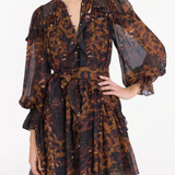 Braided Leopard Flounced Silk Chiffon Mini Dress