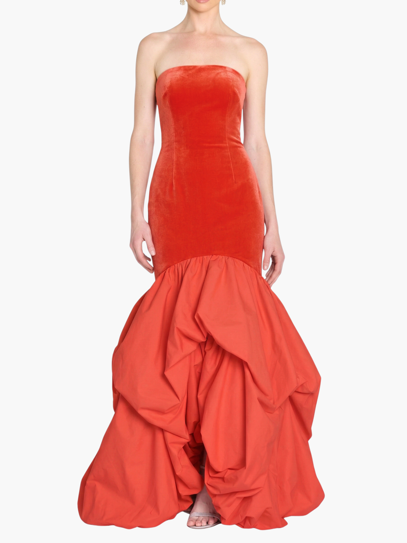 Strapless Drop Waist Mermaid Taffeta Pouf Gown