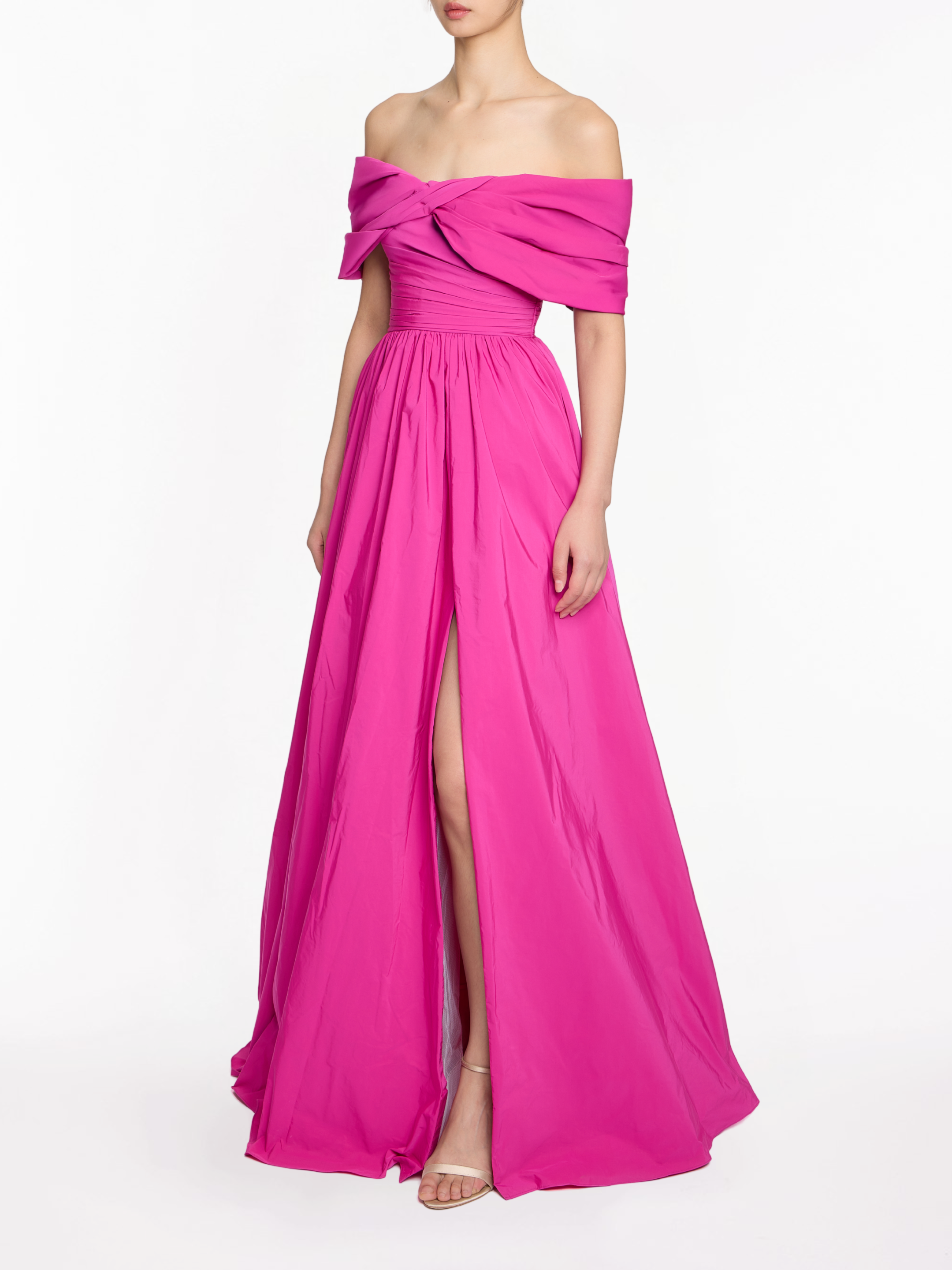 Off Shoulder Draped Sleeve Ball Gown With Slit | Marchesa