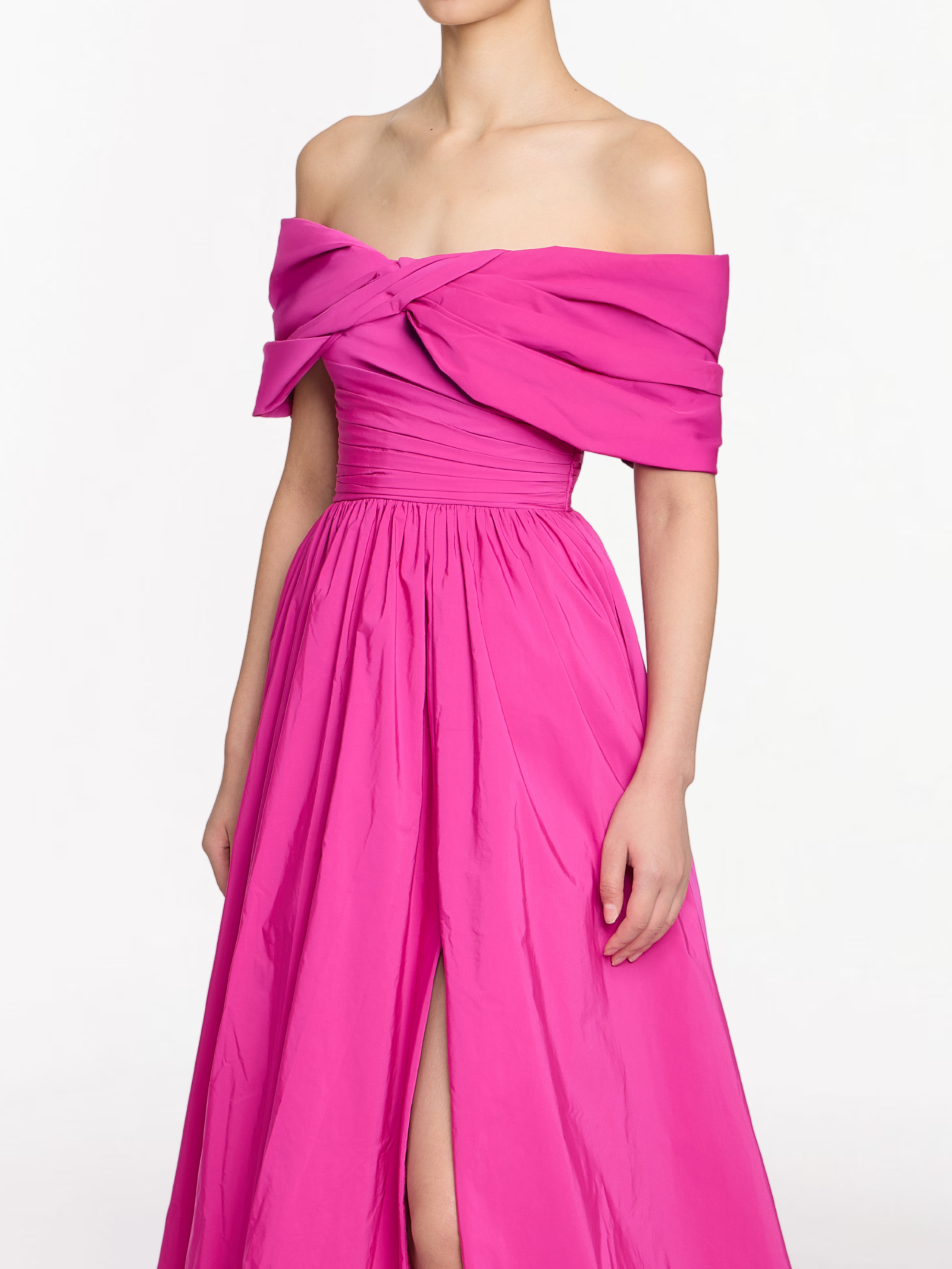 Off Shoulder Draped Sleeve Ball Gown With Slit