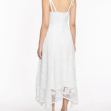 Ribbon Strap Corded Lace Handkerchief Hem Midi Dress