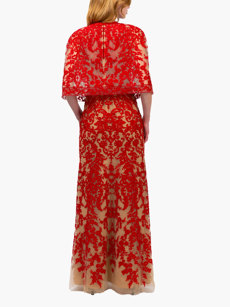 Mirrored Lace Floral Cape Sleeve Gown