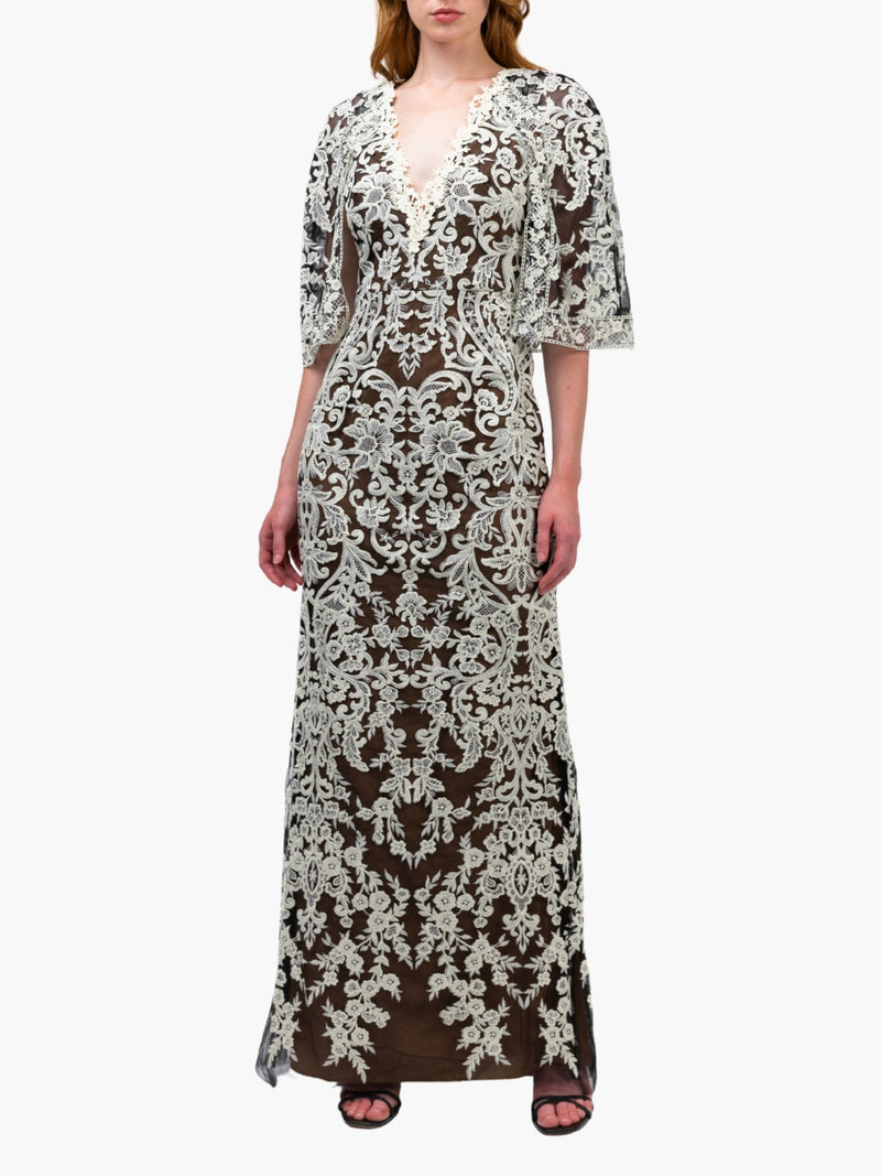 Mirrored Lace Floral Cape Sleeve Gown