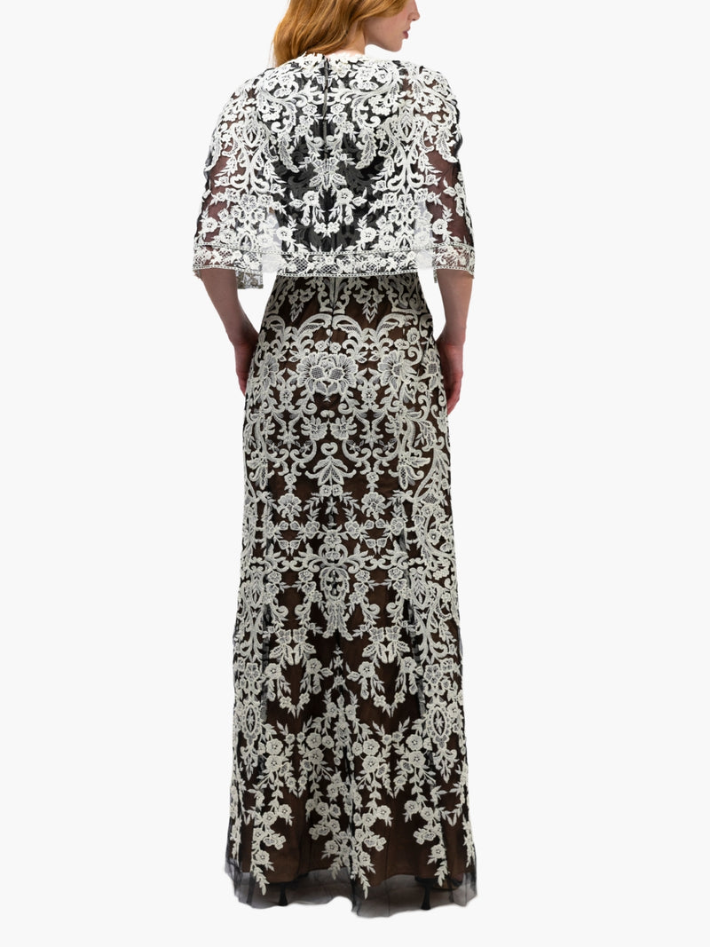 Mirrored Lace Floral Cape Sleeve Gown