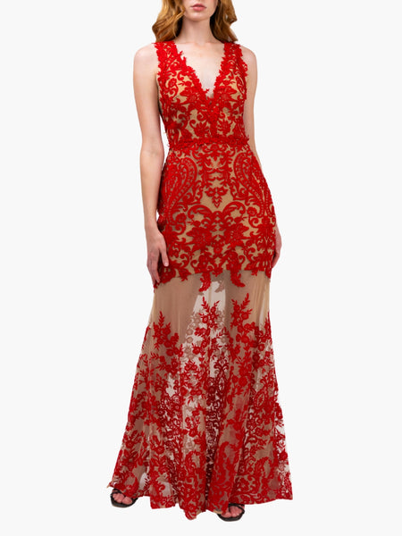 Mirrored Lace Floral Sleeveless Gown | Marchesa