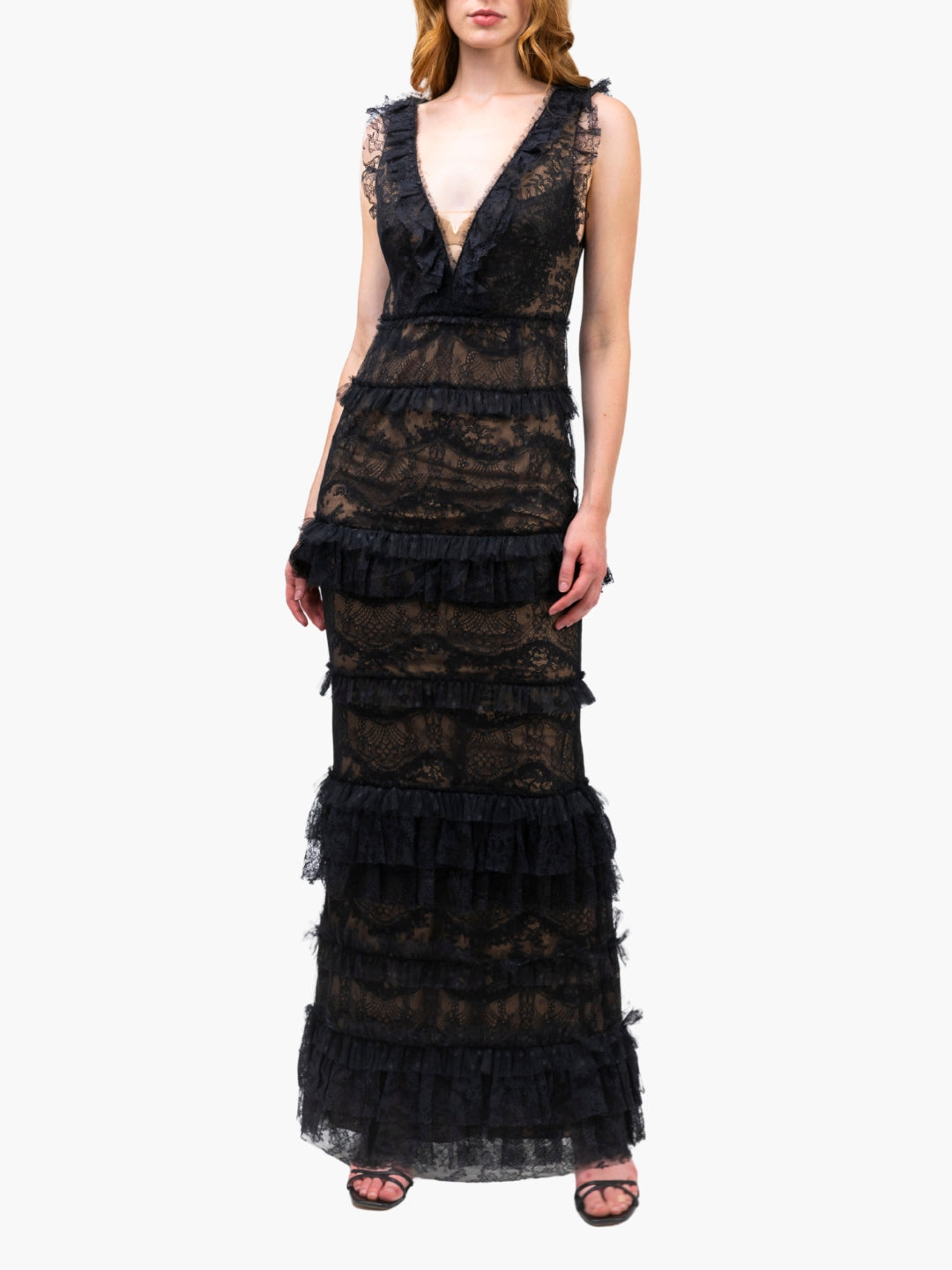 Lace Marchesa Notte V Neck Embroidered Gown $1095 New Marchesa Notte  Embroidered Guipure Lace Gown Navy