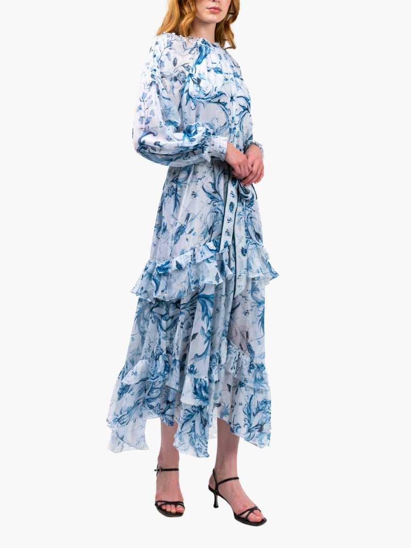 Ruffle Silk Chiffon Maxi Dress