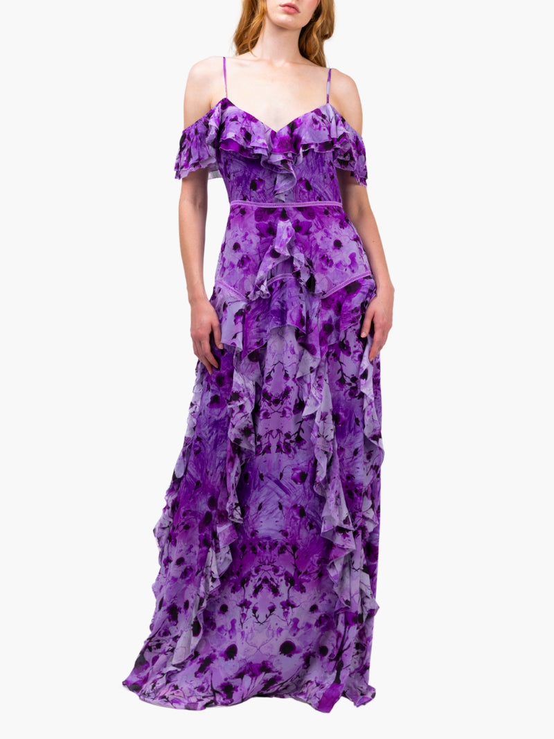 Painterly Print Georgette Off-Shoulder Gown