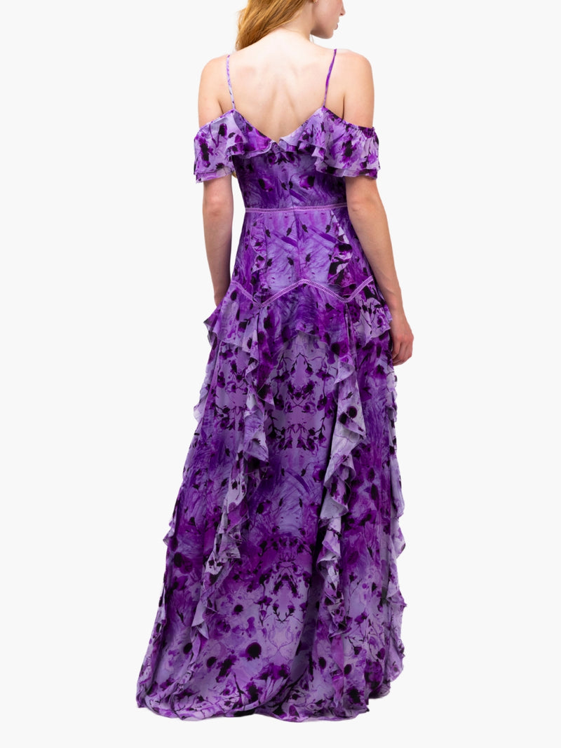 Painterly Print Georgette Off-Shoulder Gown