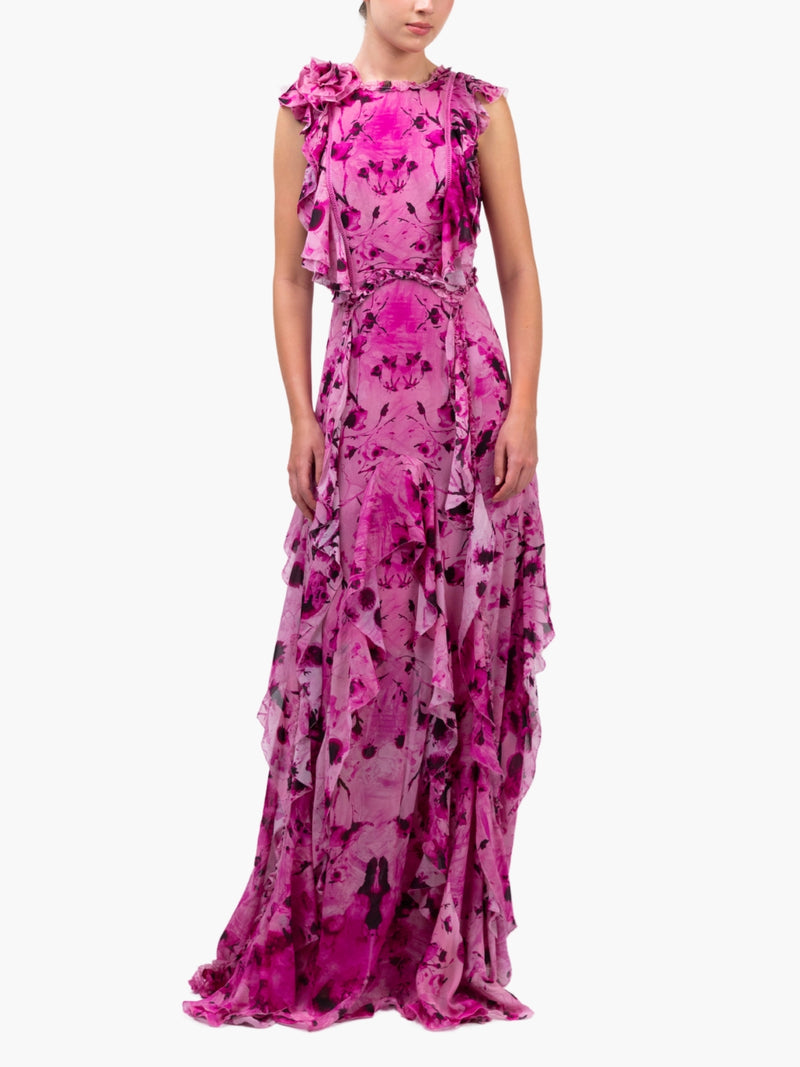 Painterly Print Sleeveless Georgette Gown