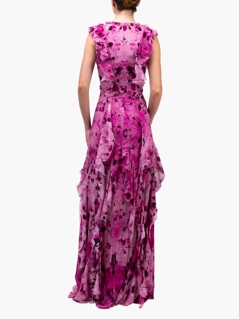Painterly Print Sleeveless Georgette Gown