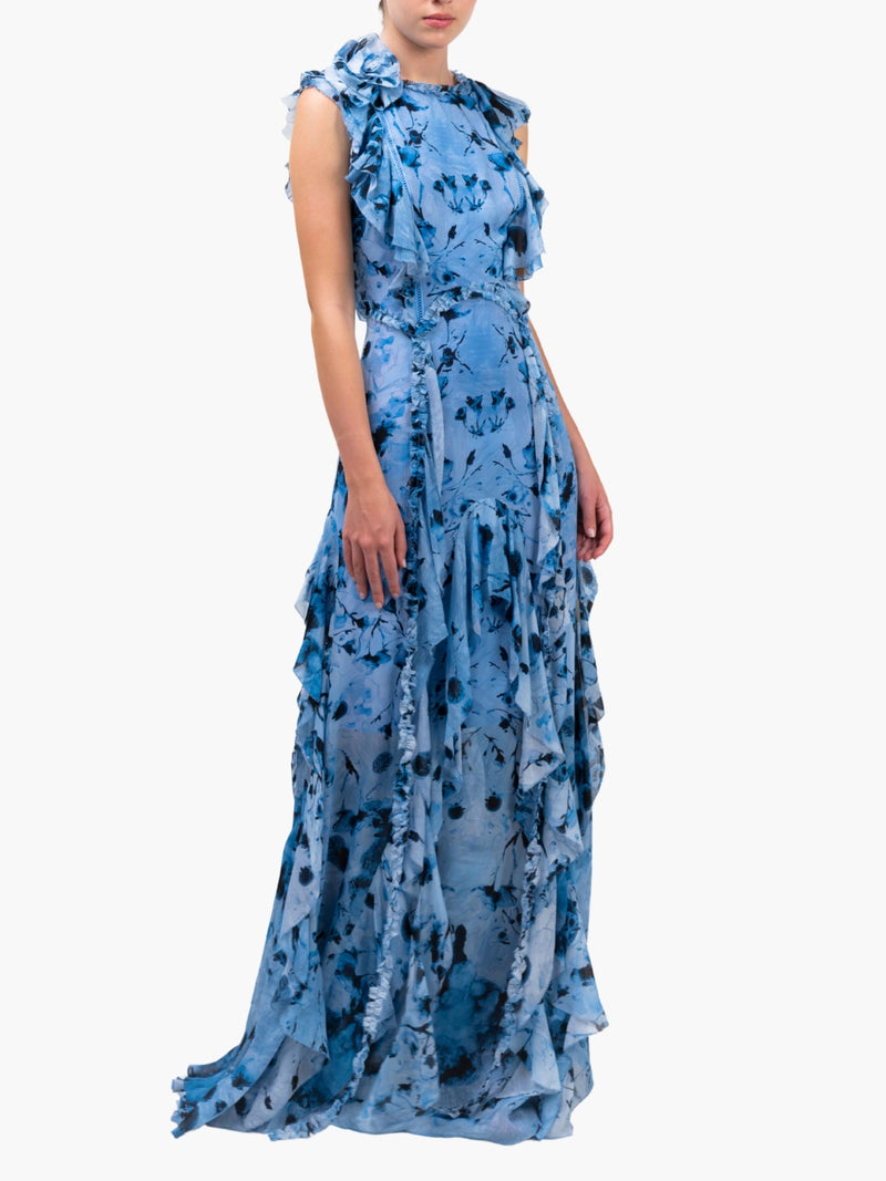 Painterly Print Sleeveless Georgette Gown