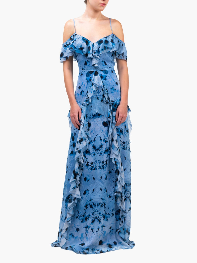 Painterly Print Georgette Off-Shoulder Gown