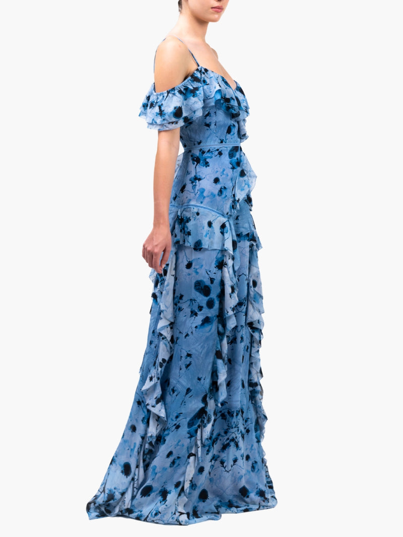 Painterly Print Georgette Off-Shoulder Gown