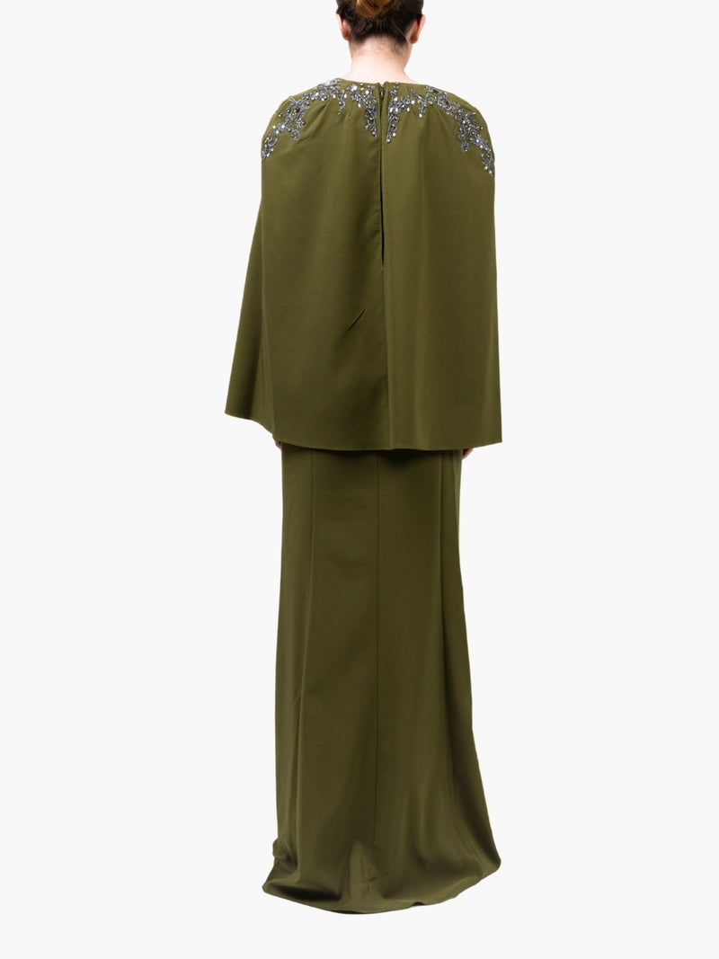 green marchesa dress Cape-effect embellished crepe gown - green