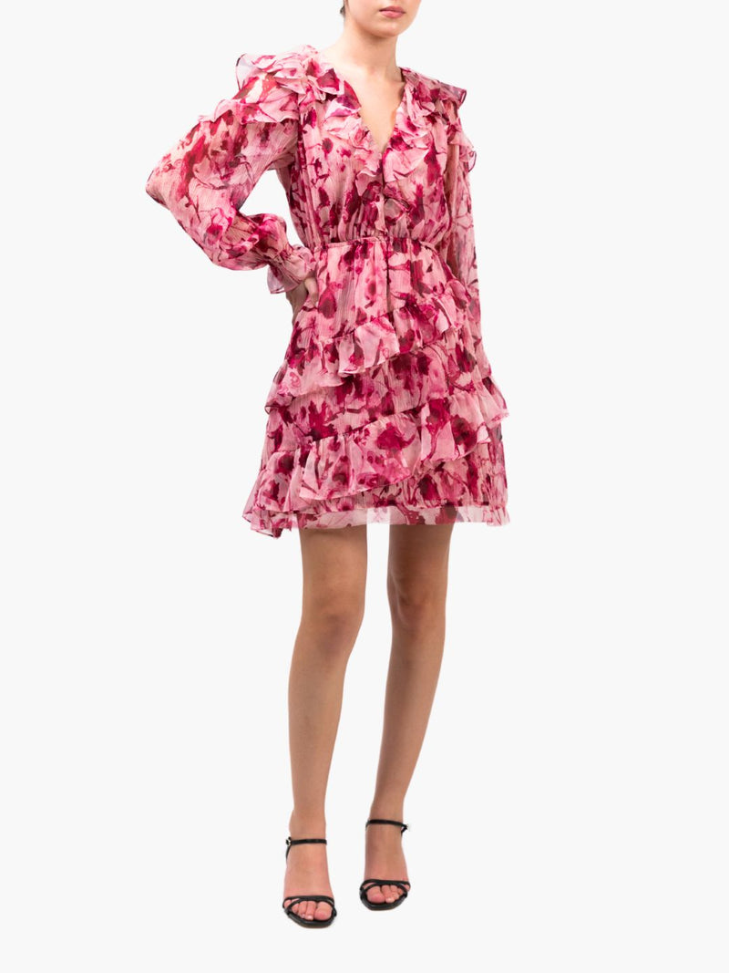 Watercolor Blooms Pleated Long Sleeve Chiffon Mini Dress