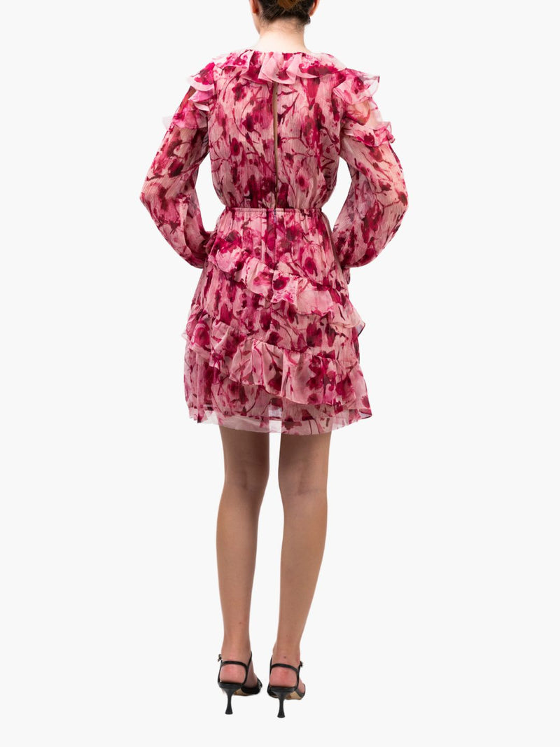 Watercolor Blooms Pleated Long Sleeve Chiffon Mini Dress