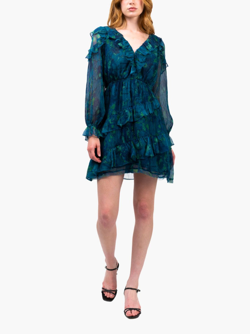 Watercolor Blooms Pleated Long Sleeve Chiffon Mini Dress