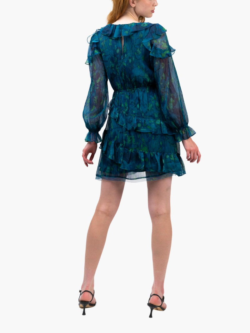 Watercolor Blooms Pleated Long Sleeve Chiffon Mini Dress