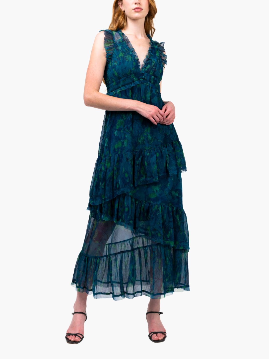 Watercolor Blooms Pleated Chiffon Maxi Dress