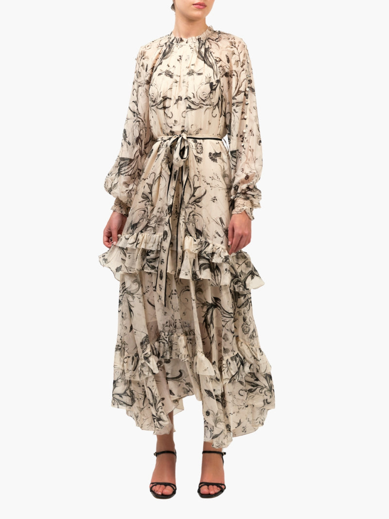 Printed Chiffon Ruffle Silk  Maxi Dress