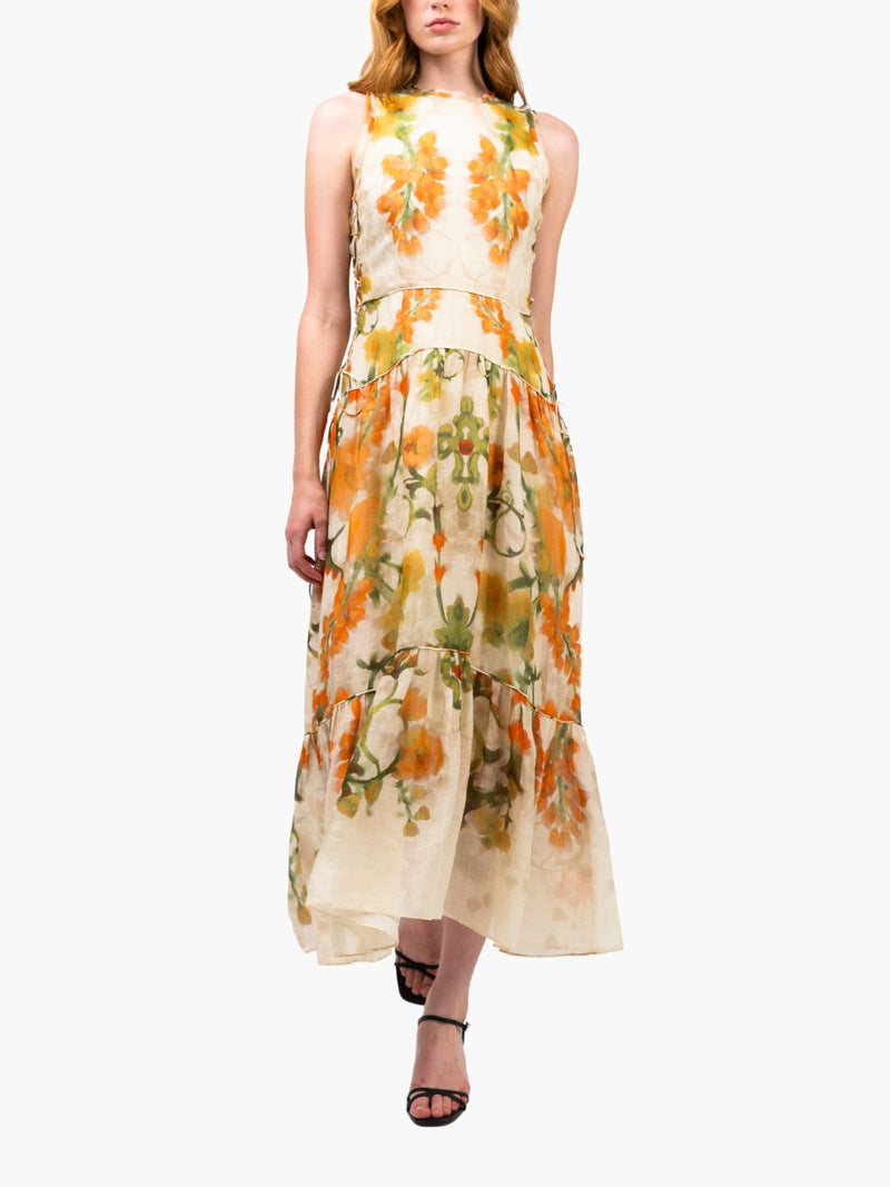 Ramie High Neck Tiered Maxi Dress