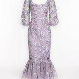 Embroidered Puff Sleeve Midi Dress